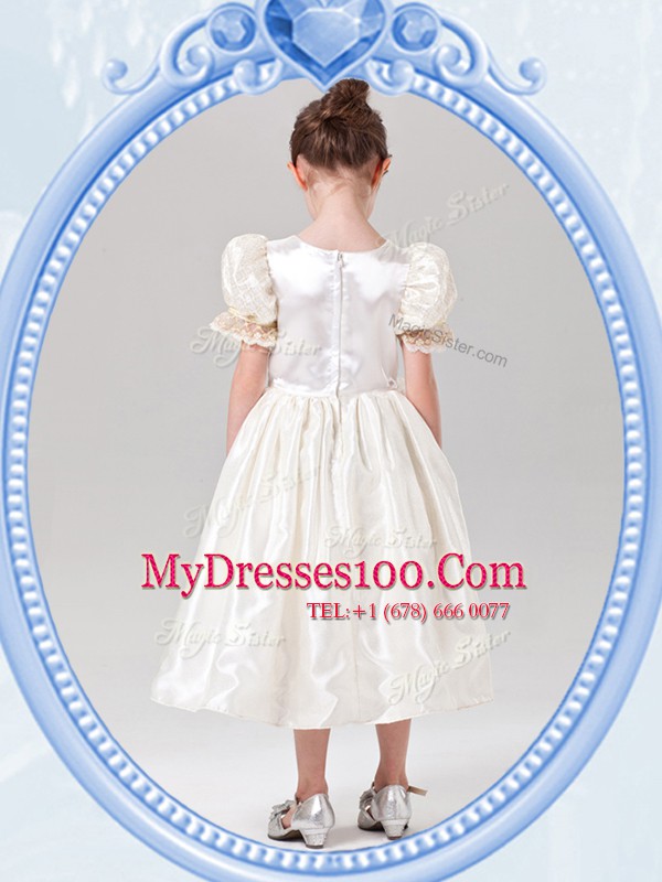 Pretty Scoop Short Sleeves Tea Length Zipper Flower Girl Dresses for Less White for Quinceanera and Wedding Party with Beading