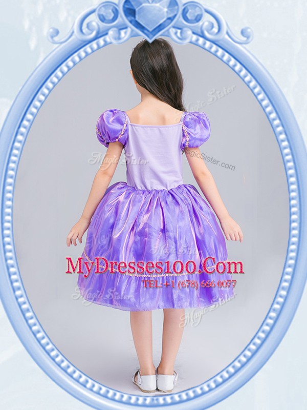 Perfect Square Short Sleeves Organza Knee Length Side Zipper Flower Girl Dresses for Less in Lavender with Beading and Bowknot
