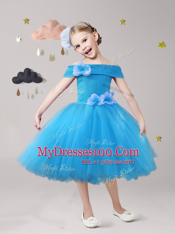 Custom Designed Blue Off The Shoulder Zipper Hand Made Flower Flower Girl Dress Short Sleeves