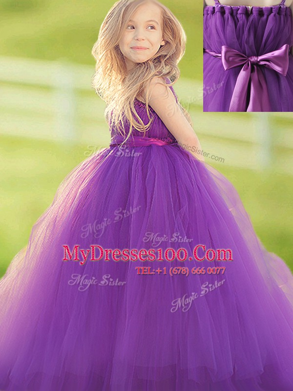 Modest Straps Bowknot and Hand Made Flower Flower Girl Dresses for Less Eggplant Purple Zipper Sleeveless Floor Length