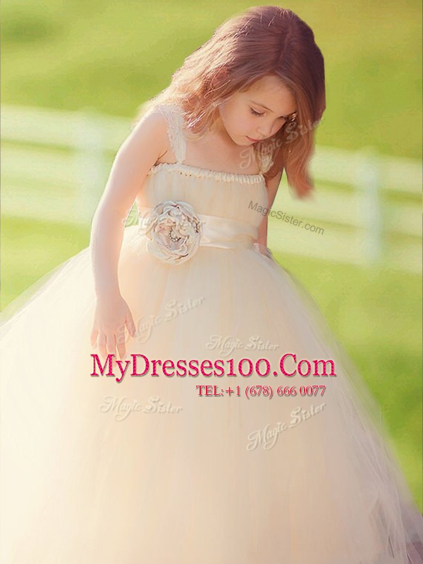 Straps Champagne A-line Bowknot and Hand Made Flower Toddler Flower Girl Dress Zipper Tulle Sleeveless Floor Length