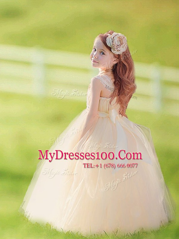 Straps Champagne A-line Bowknot and Hand Made Flower Toddler Flower Girl Dress Zipper Tulle Sleeveless Floor Length