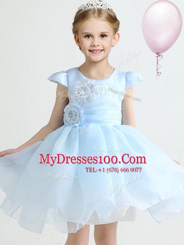 Scoop Cap Sleeves Appliques and Bowknot and Hand Made Flower Zipper Flower Girl Dresses