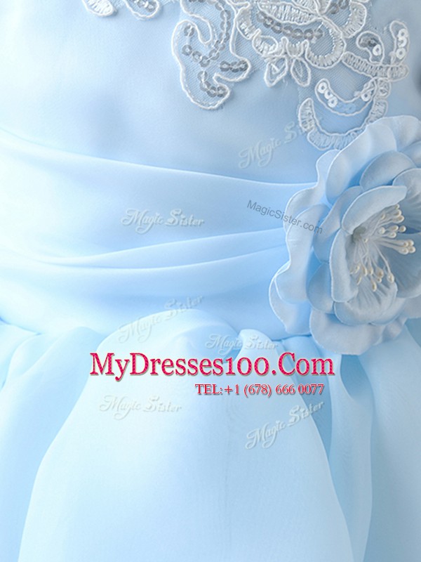 Scoop Cap Sleeves Appliques and Bowknot and Hand Made Flower Zipper Flower Girl Dresses