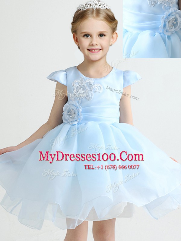 Scoop Cap Sleeves Appliques and Bowknot and Hand Made Flower Zipper Flower Girl Dresses