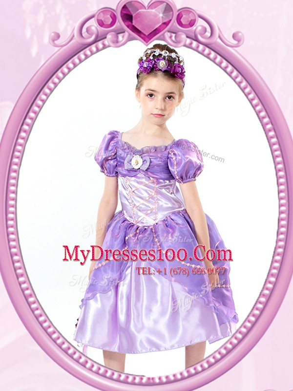 Glorious Short Sleeves Clasp Handle Tea Length Beading and Bowknot Flower Girl Dresses