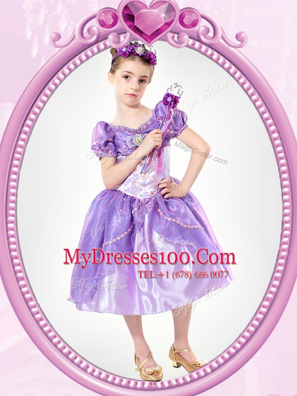 Glorious Short Sleeves Clasp Handle Tea Length Beading and Bowknot Flower Girl Dresses