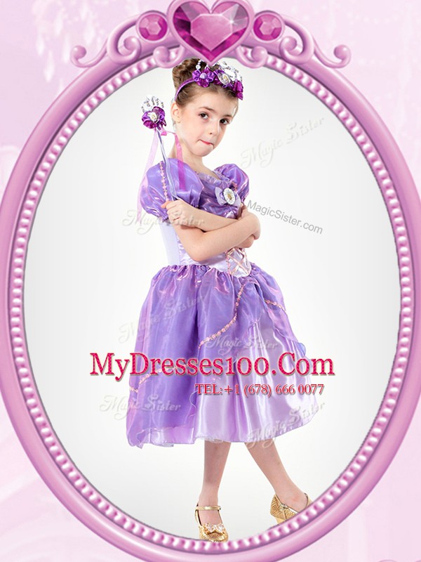 Glorious Short Sleeves Clasp Handle Tea Length Beading and Bowknot Flower Girl Dresses