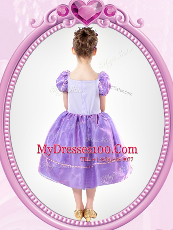 Glorious Short Sleeves Clasp Handle Tea Length Beading and Bowknot Flower Girl Dresses