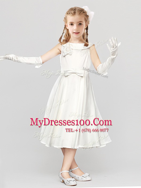 Satin Scoop Sleeveless Clasp Handle Bowknot and Hand Made Flower Flower Girl Dress in White