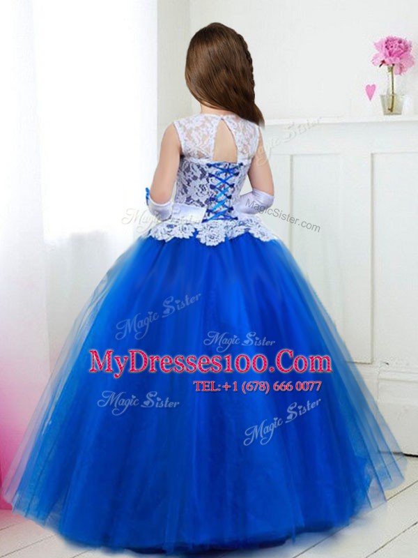 Scoop Royal Blue Sleeveless Tulle Lace Up Flower Girl Dress for Party and Quinceanera and Wedding Party