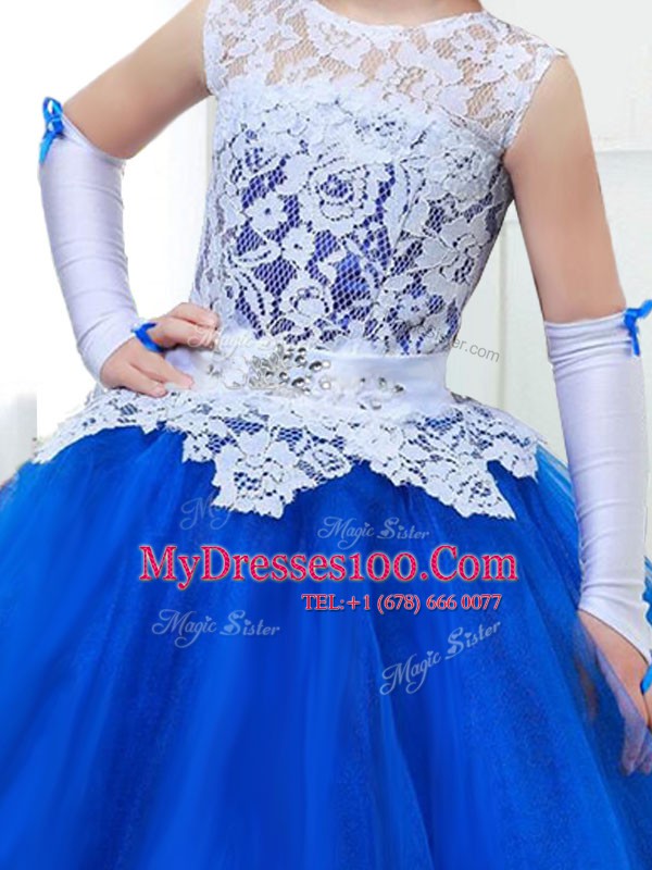 Scoop Royal Blue Sleeveless Tulle Lace Up Flower Girl Dress for Party and Quinceanera and Wedding Party