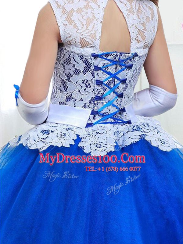 Scoop Royal Blue Sleeveless Tulle Lace Up Flower Girl Dress for Party and Quinceanera and Wedding Party