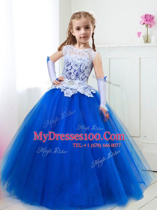 Scoop Royal Blue Sleeveless Tulle Lace Up Flower Girl Dress for Party and Quinceanera and Wedding Party