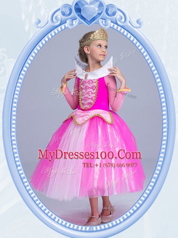 Scoop Long Sleeves Toddler Flower Girl Dress Tea Length Beading Hot Pink Tulle