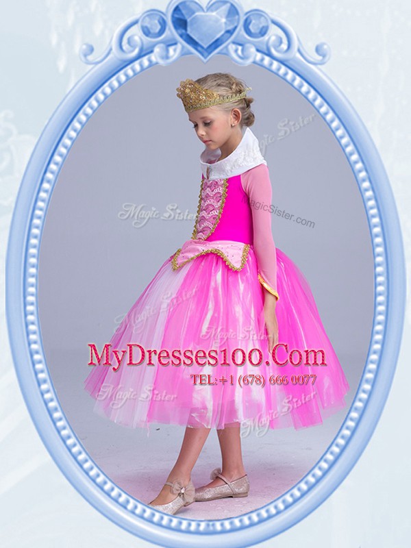 Scoop Long Sleeves Toddler Flower Girl Dress Tea Length Beading Hot Pink Tulle
