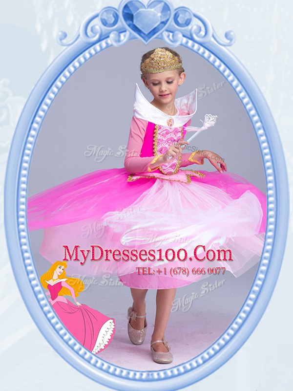Scoop Long Sleeves Toddler Flower Girl Dress Tea Length Beading Hot Pink Tulle