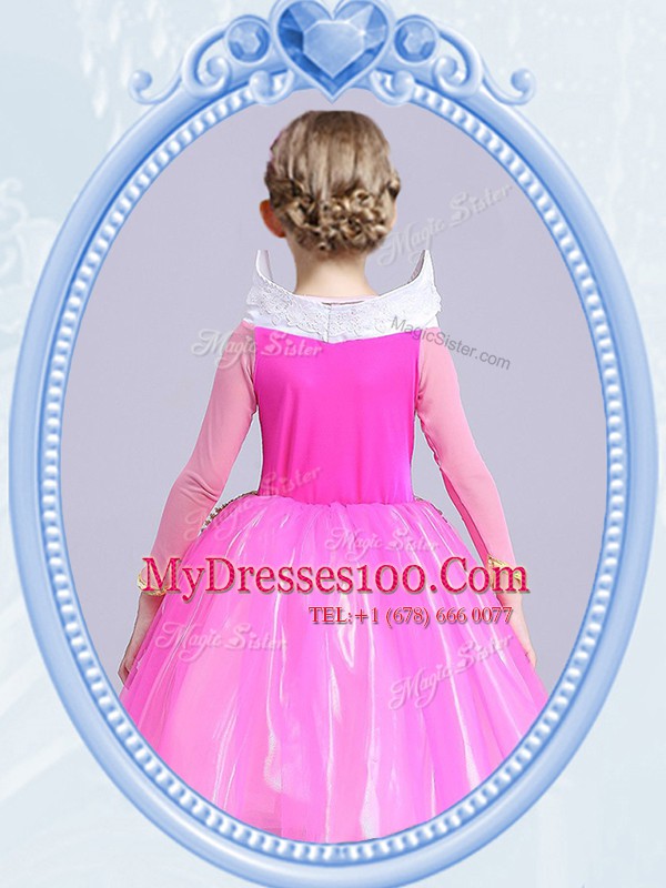 Scoop Long Sleeves Toddler Flower Girl Dress Tea Length Beading Hot Pink Tulle