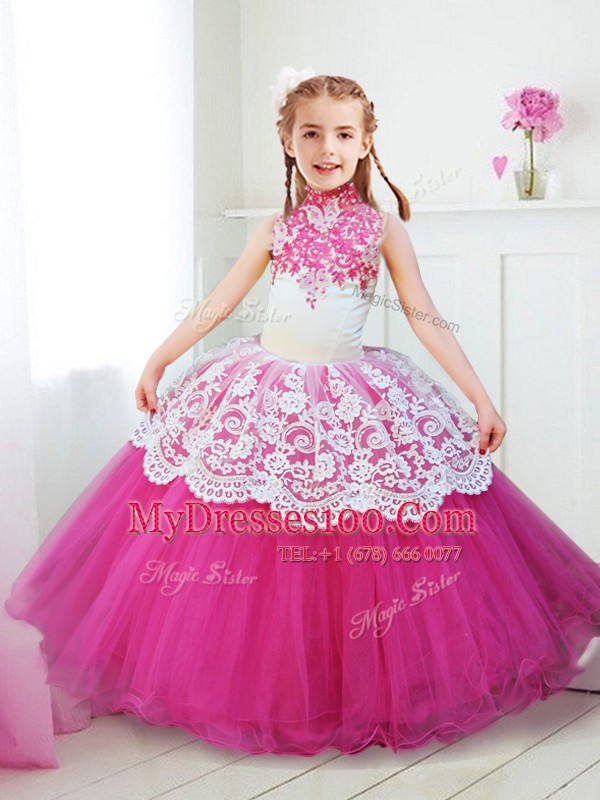 Halter Top Hot Pink Tulle Zipper Flower Girl Dresses for Less Sleeveless Floor Length Beading and Lace