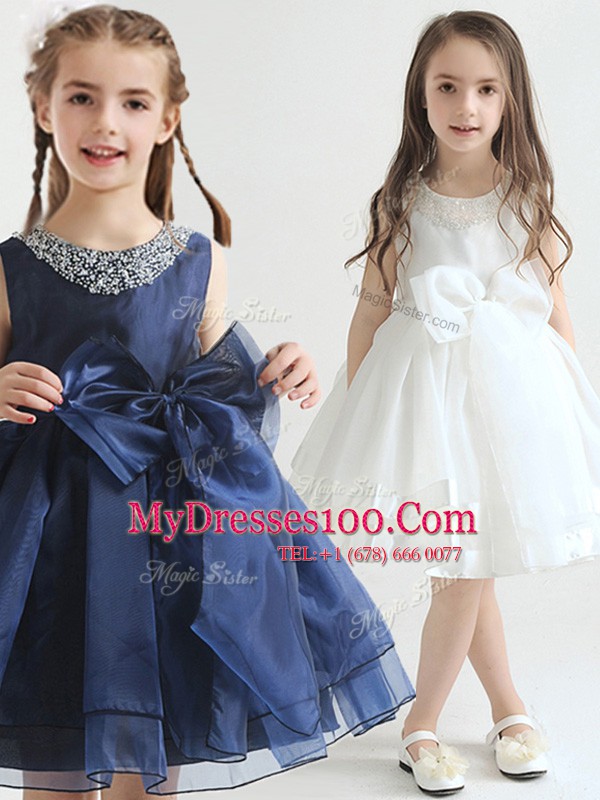 Scoop White and Navy Blue A-line Beading and Bowknot Flower Girl Dresses for Less Zipper Organza Sleeveless Knee Length