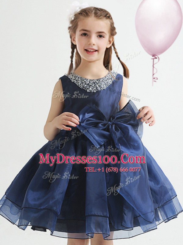 Scoop White and Navy Blue A-line Beading and Bowknot Flower Girl Dresses for Less Zipper Organza Sleeveless Knee Length