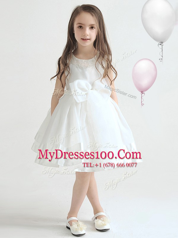 Scoop White and Navy Blue A-line Beading and Bowknot Flower Girl Dresses for Less Zipper Organza Sleeveless Knee Length