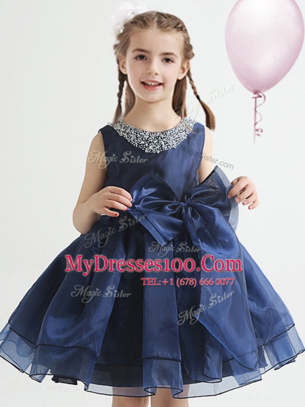 Scoop White and Navy Blue A-line Beading and Bowknot Flower Girl Dresses for Less Zipper Organza Sleeveless Knee Length