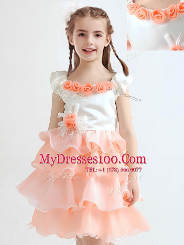 Beautiful Scoop Cap Sleeves Ruffled Layers and Hand Made Flower Zipper Flower Girl Dresses