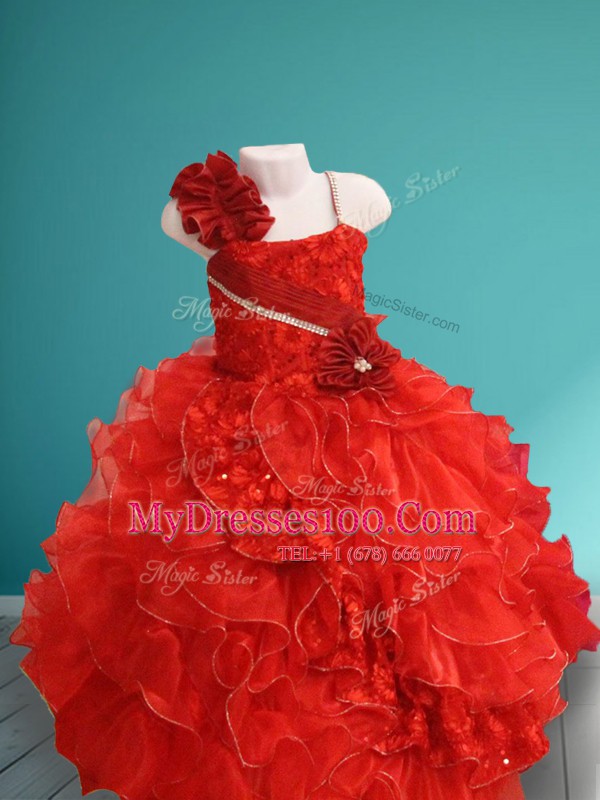 Asymmetric Sleeveless Organza Flower Girl Dress Beading and Ruffles and Hand Made Flower Lace Up