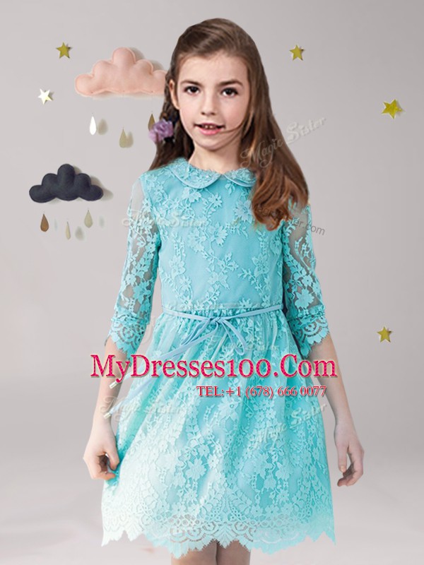 Shining Aqua Blue Flower Girl Dresses for Less Party and Quinceanera and Wedding Party and For with Lace and Sashes ribbons Scoop 3 4 Length Sleeve Zipper
