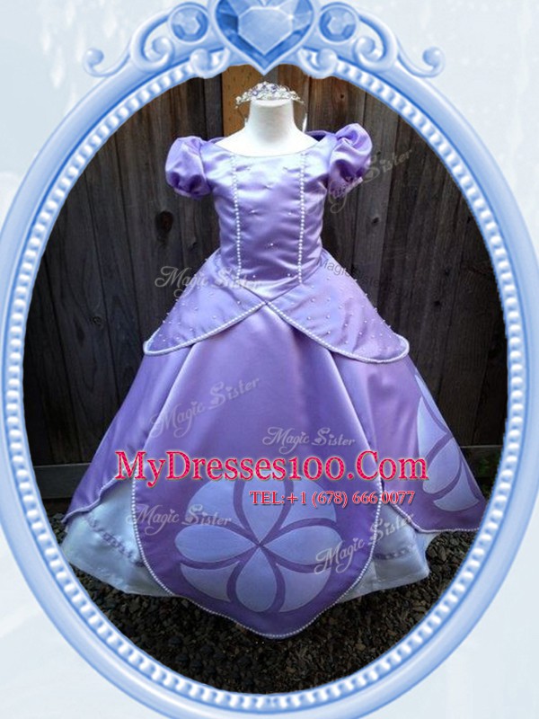 Scoop Floor Length Lavender Flower Girl Dresses Satin Short Sleeves Beading