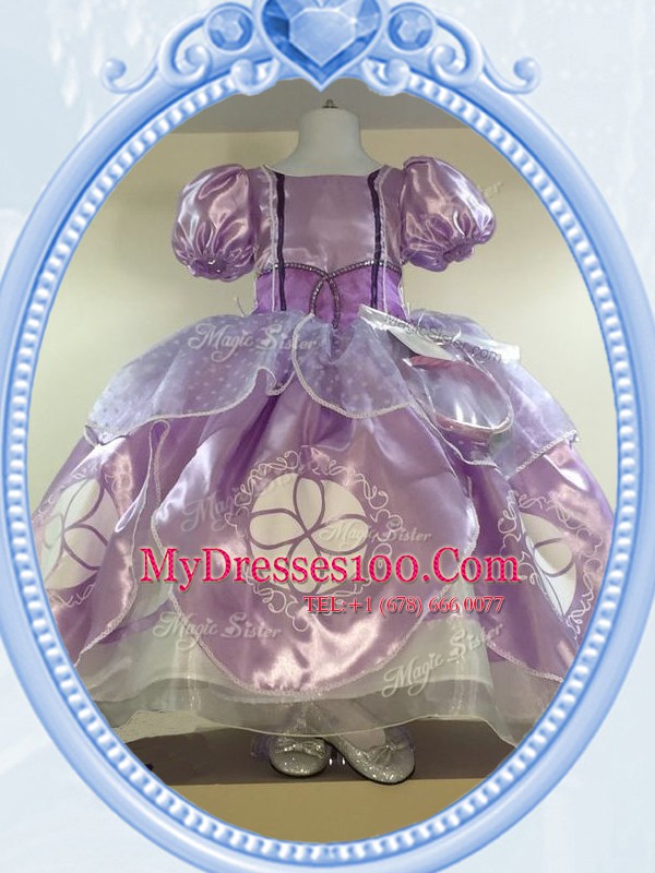 Scoop Short Sleeves Floor Length Zipper Flower Girl Dresses Lavender for Quinceanera and Wedding Party with Beading