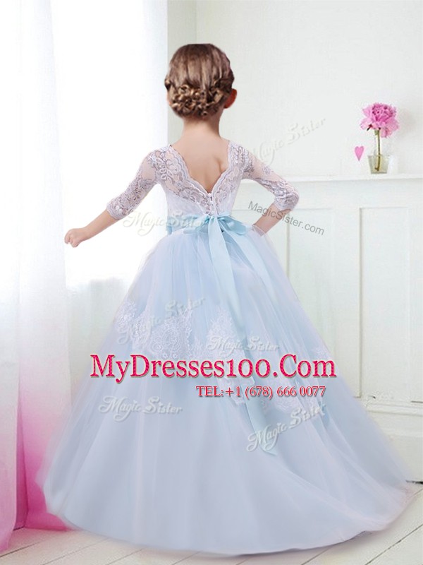Scoop Half Sleeves Brush Train Lace Up With Train Lace and Bowknot Flower Girl Dress