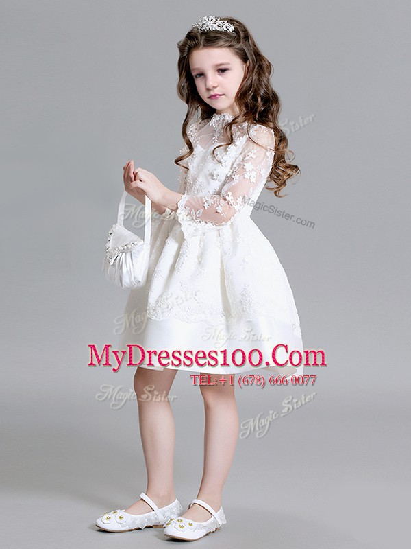 High Quality High-neck Long Sleeves Flower Girl Dress Mini Length Lace White Lace