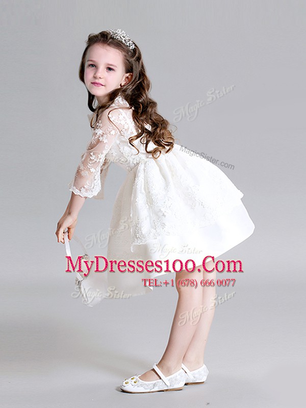 High Quality High-neck Long Sleeves Flower Girl Dress Mini Length Lace White Lace