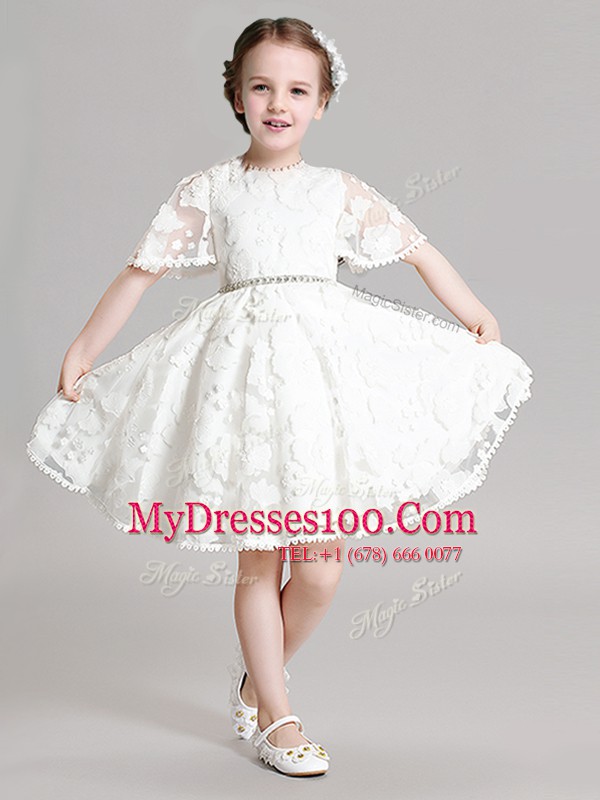 Top Selling White Organza Zipper High-neck Short Sleeves Mini Length Flower Girl Dress Beading and Appliques