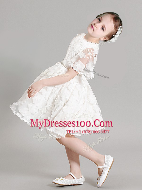 Top Selling White Organza Zipper High-neck Short Sleeves Mini Length Flower Girl Dress Beading and Appliques