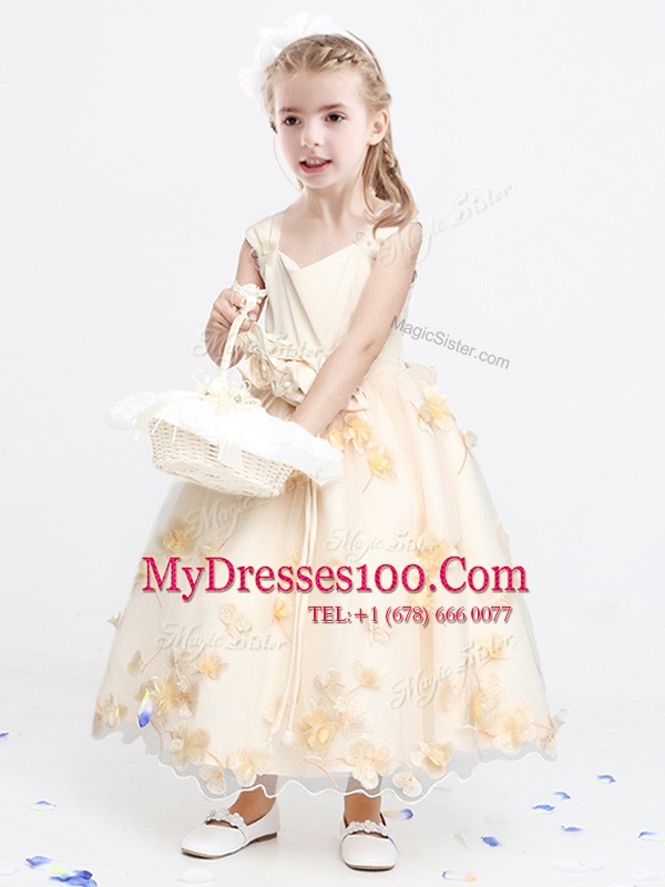 Straps Champagne Sleeveless Ankle Length Appliques and Bowknot and Hand Made Flower Zipper Toddler Flower Girl Dress