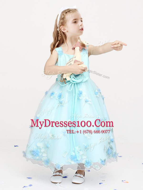 Fine Straps Sleeveless Organza Ankle Length Zipper Toddler Flower Girl Dress in Light Blue with Appliques and Bowknot and Hand Made Flower