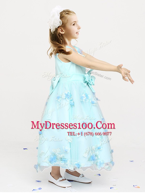 Fine Straps Sleeveless Organza Ankle Length Zipper Toddler Flower Girl Dress in Light Blue with Appliques and Bowknot and Hand Made Flower