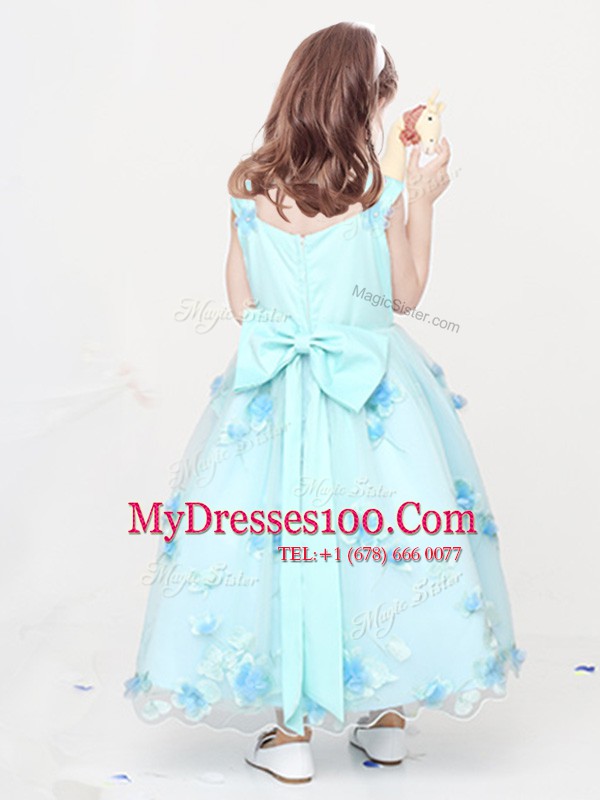 Fine Straps Sleeveless Organza Ankle Length Zipper Toddler Flower Girl Dress in Light Blue with Appliques and Bowknot and Hand Made Flower