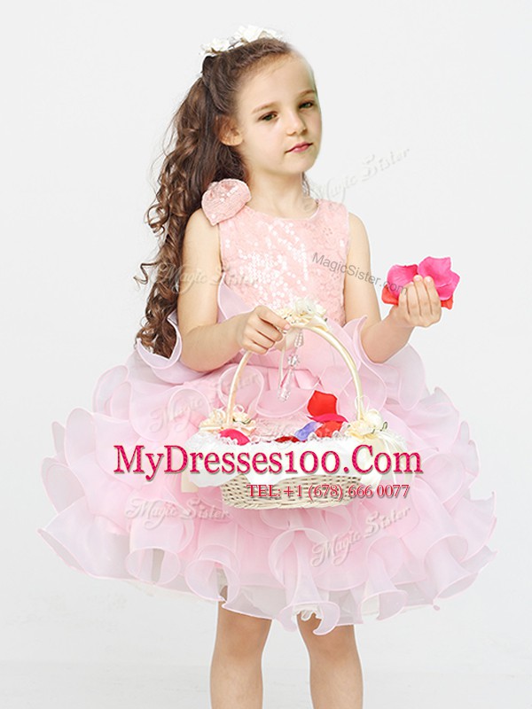 Fashionable Pink Zipper Scoop Lace and Ruffles Flower Girl Dresses for Less Organza Sleeveless