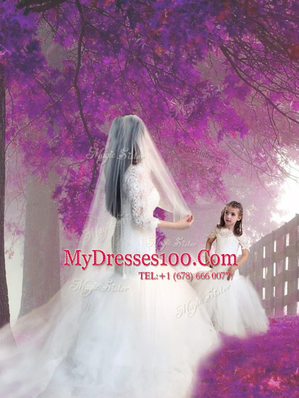 Mermaid White Zipper Scoop Lace Flower Girl Dresses for Less Tulle Short Sleeves