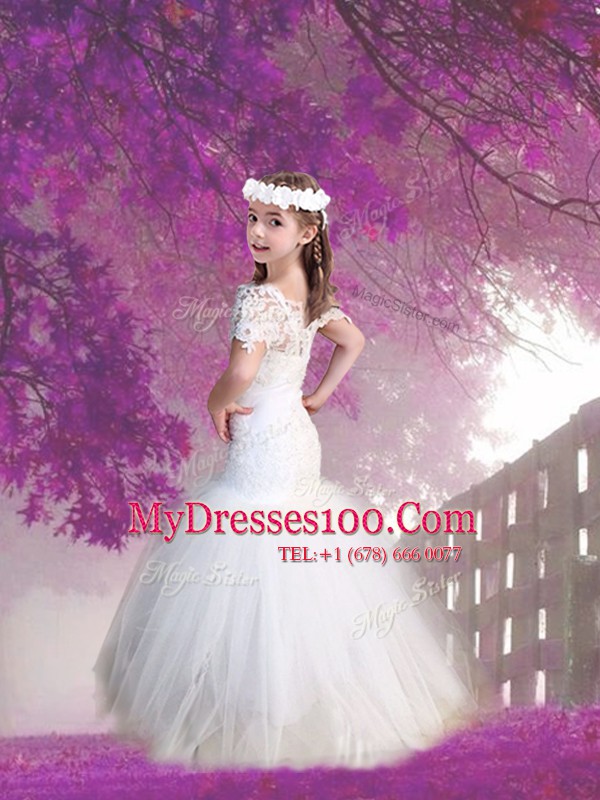 Mermaid White Zipper Scoop Lace Flower Girl Dresses for Less Tulle Short Sleeves