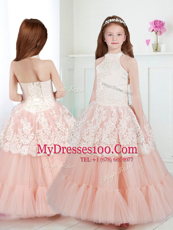 White and Peach A-line Tulle Halter Top Sleeveless Beading and Lace Floor Length Zipper Flower Girl Dresses for Less