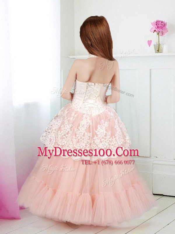 White and Peach A-line Tulle Halter Top Sleeveless Beading and Lace Floor Length Zipper Flower Girl Dresses for Less