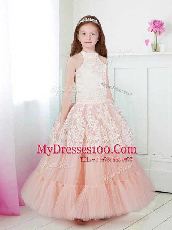 White and Peach A-line Tulle Halter Top Sleeveless Beading and Lace Floor Length Zipper Flower Girl Dresses for Less