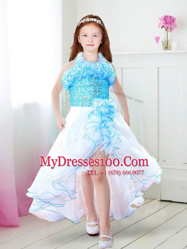 Artistic Halter Top White and Aqua Blue Sleeveless Ruffles High Low Flower Girl Dresses