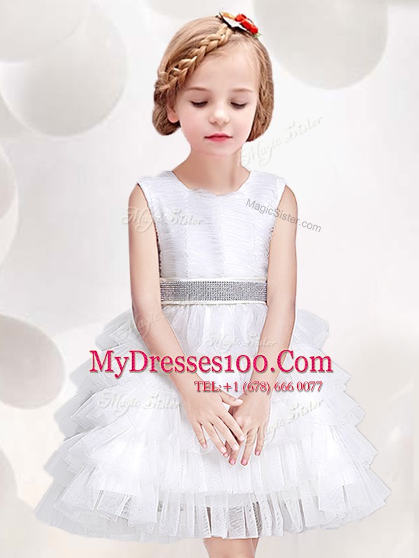 Scoop Mini Length Zipper Toddler Flower Girl Dress White for Party and Quinceanera and Wedding Party with Ruffled Layers and Sequins and Bowknot