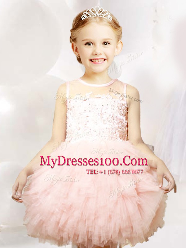 Low Price Baby Pink Scoop Neckline Appliques and Ruffles Flower Girl Dresses for Less Sleeveless Zipper